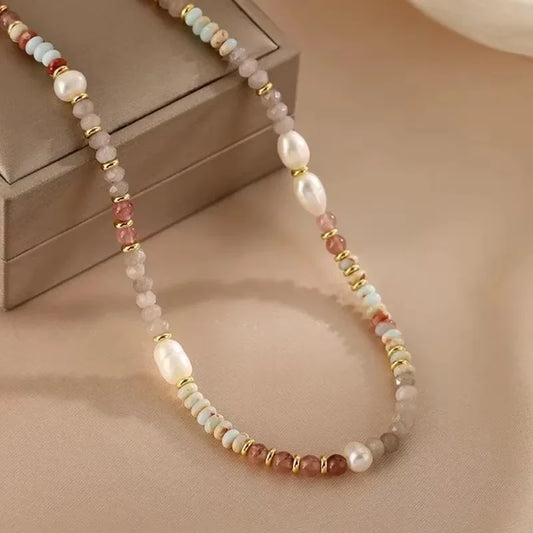 Luckacco Minar Retro Colorful Natural Stone Crystal Freshwater Pearl Strand Beaded Necklace for Women 14K Real Gold Plated Copper Chokers