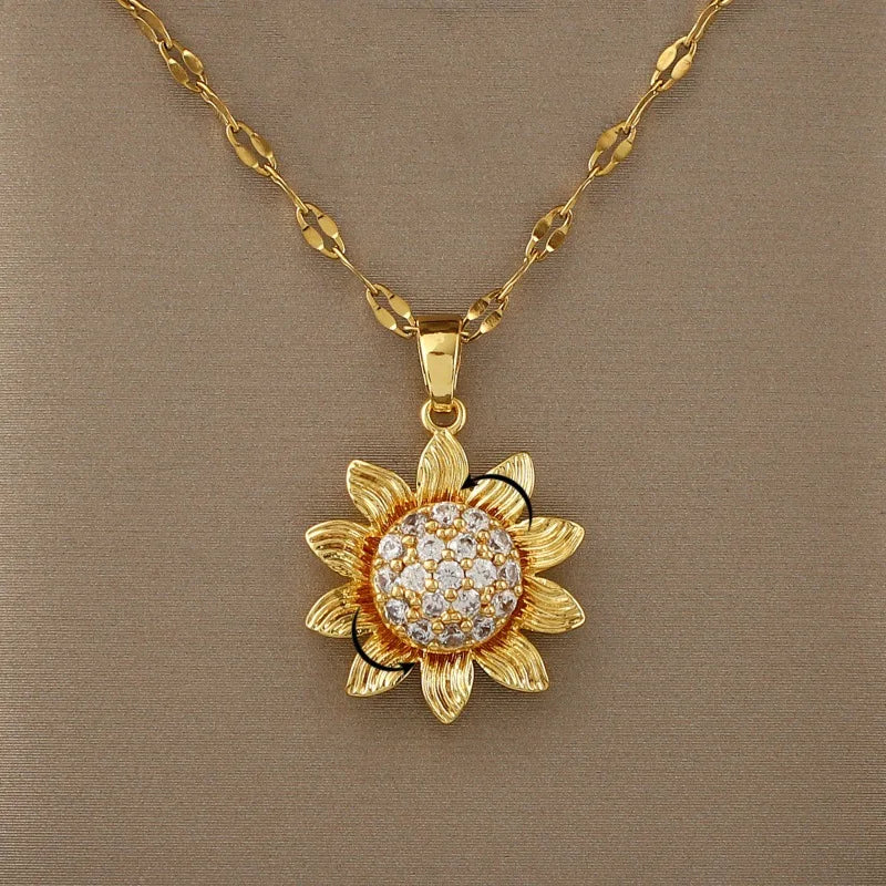 luckacco rotating flower pendant stainless steel chains necklaces for women antique silver color ins white zircon sun clavicle necklace