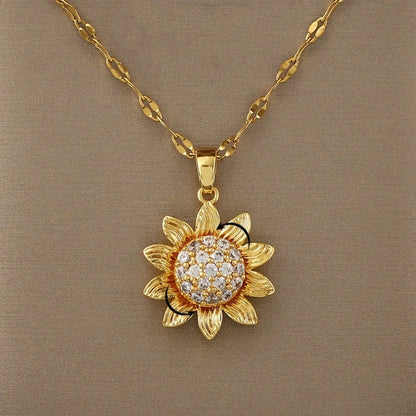 Luckacco Rotating Flower Pendant Stainless Steel Chains Necklaces For Women Antique Silver Color Ins White Zircon Sun Clavicle Necklace
