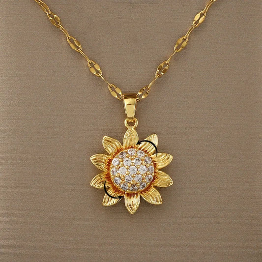 Luckacco Rotating Flower Pendant Stainless Steel Chains Necklaces For Women Antique Silver Color Ins White Zircon Sun Clavicle Necklace