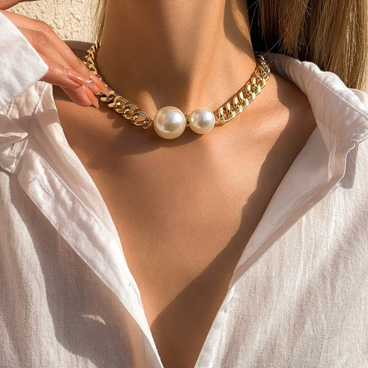 Luckacco Vintage Punk Cuban Chains Necklaces Women Gothic Imitation-Pearl Pendant Necklace Girl Chokers Fashion Accessories Jewellery