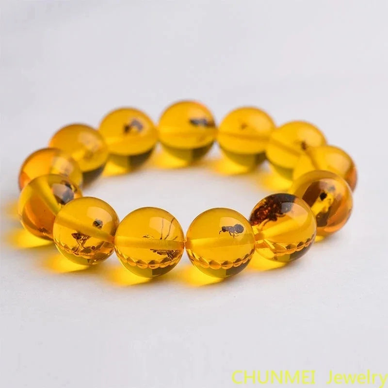 luckacco natural baltic amber elastic bracelet men women honey wax insect amber-beads beaded bangles amulet bracelets girlfriend mom gift