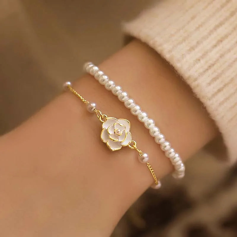 luckacco vintage white camellia flower bracelets for women elegant double layer simulated pearl beads chain bracelet jewelry 2025 trend
