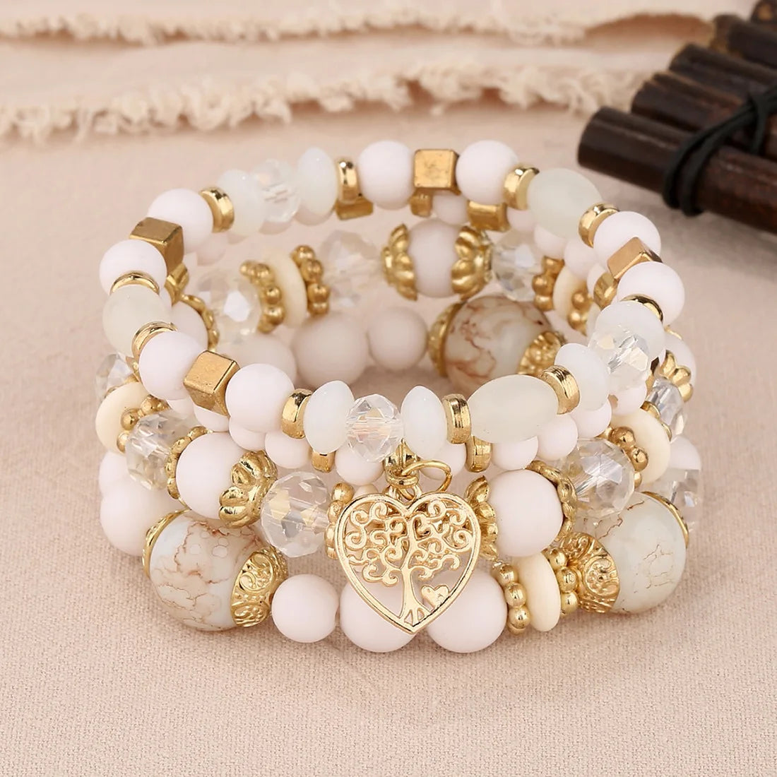 luckacco new acrylic beads chain bracelet set for women tree of life charm elastic bangle female bohemian jewelry accessories