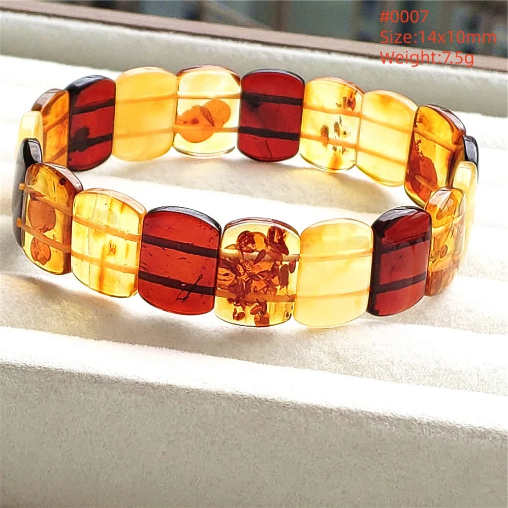 luckacco natural piebald amber bracelet rectangle beads blood red yellow flower amber women men healing stretch jewelry aaaaa