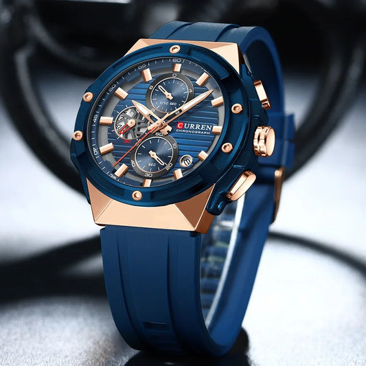 Luckacco CURREN Fashionable Sports Multifunctional Chronograph Quartz Watch with Silicone Strap Creative Design Dial Luminous Hands