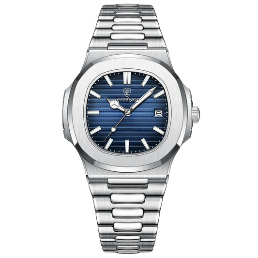 Luckacco POEDAGAR Luxury Casual Watch Top Brand Fashion Square Dial Stainless Steel Calendar Luminous Waterproof Men Watch Male Clock+Box