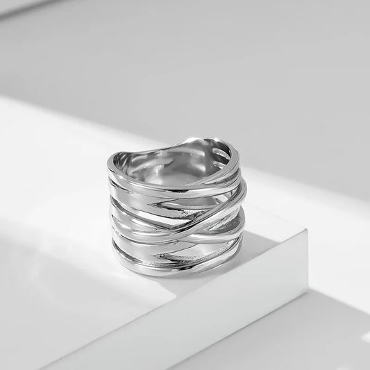 Luckacco Stainless Steel Multilayer Cross Wide Band Ring for Women Men Size 6-11