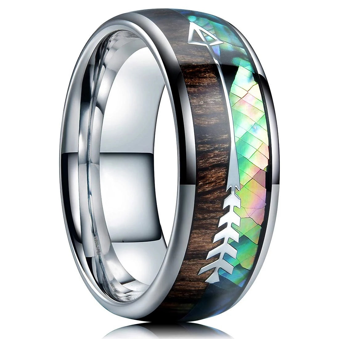 luckacco fashion 8mm silver color stainless steel rings for men double groove meteorite inlay dome men finger ring wedding band jewelry
