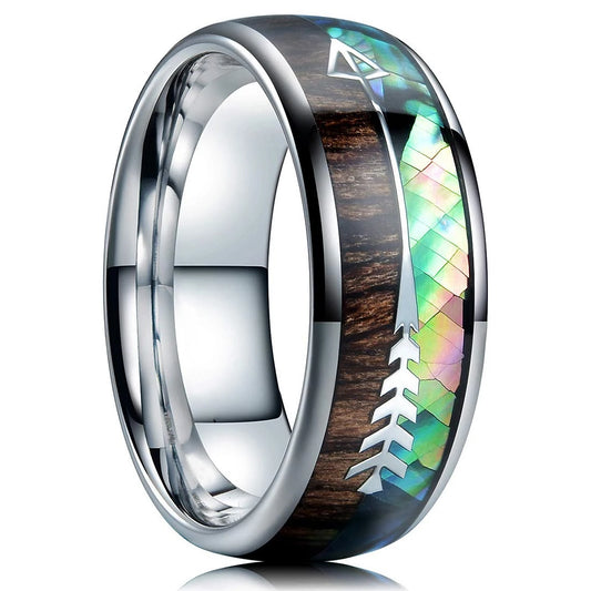 Luckacco Fashion 8mm Silver Color Stainless Steel Rings for Men Double Groove Meteorite Inlay Dome Men Finger Ring Wedding Band Jewelry