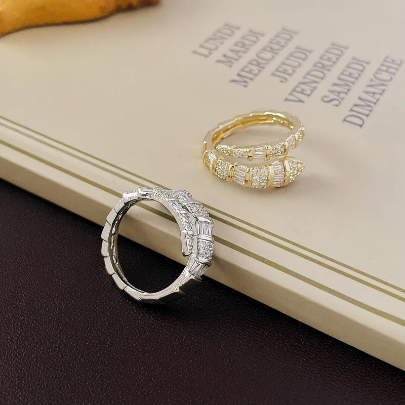 luckacco 2025 new in snake bone open ring for women shiny cubic zirconia copper rings couple funny party jewelry gifts