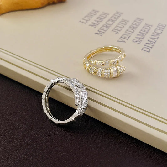 Luckacco 2025 New in Snake Bone Open Ring for Women Shiny Cubic Zirconia Copper Rings Couple Funny Party Jewelry Gifts