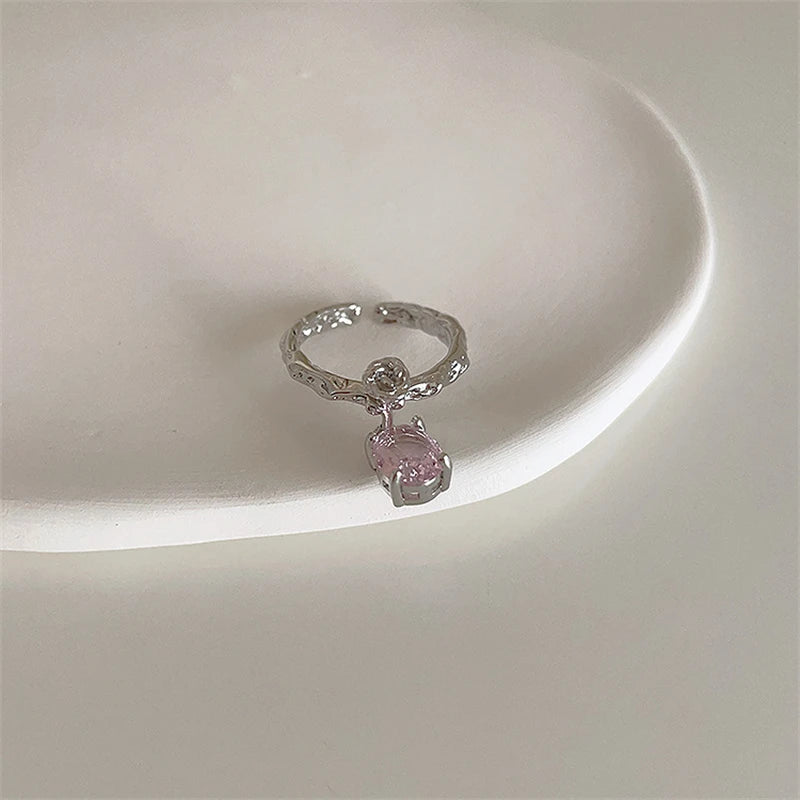 luckacco pink crystal irregular heart rings creative zircon bowknot opal love heart open ring y2k shiny rings for women party jewelry
