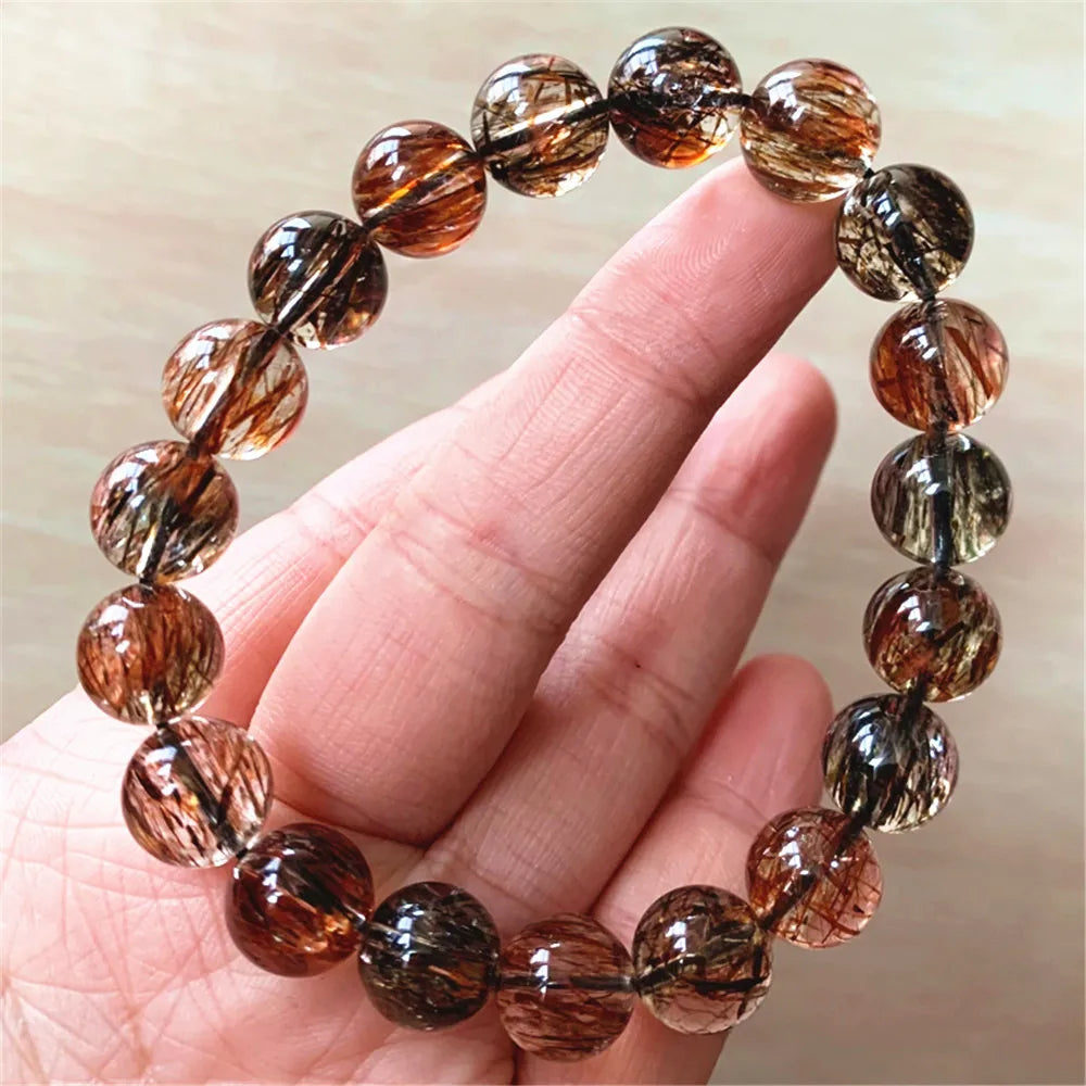 luckacco natural black gold super seven 7 rutilated quartz bracelet woman men copper rutilated rare clear round beads aaaaaaa
