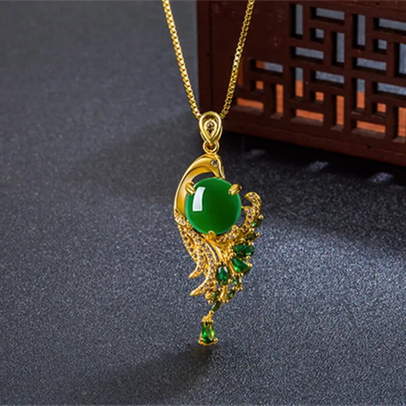 Ethnic Style Green Jade Peacock Pendant Necklace Female Fashion Phoenix Wings Necklace Silver 925 Collarbone Chain Women Jewelry