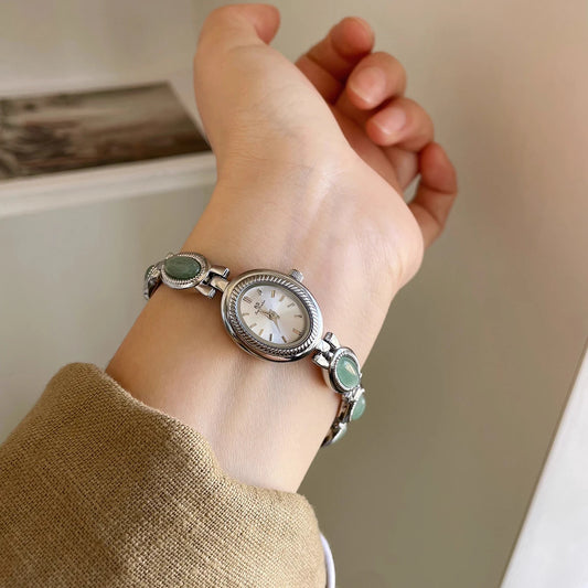 Luckacco High-end Luxury Watches for Woman Elegant Green Jewelry Jade Quartz Bracelet Wristwatch Gift for Women Lady Fashion Dress Watch