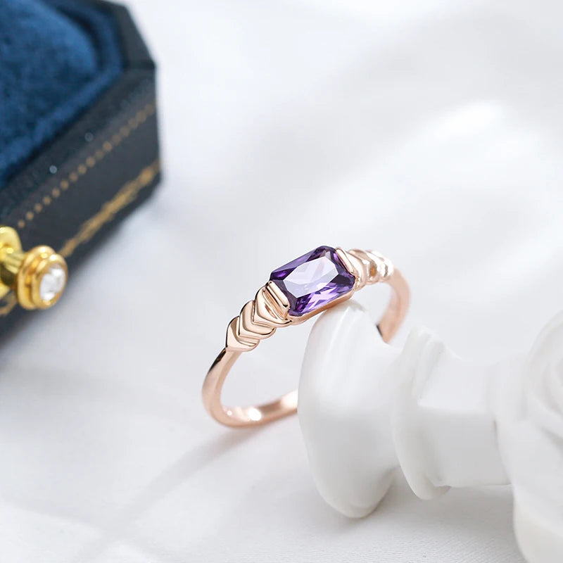 luckacco kinel sparkling square purple natural zircon rings for women luxury unusual 585 rose gold color party daily jewelry 2023 new