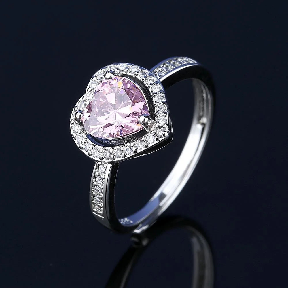 luckacco 925 sterling silver jewelry set heart shape pink crystal zircon necklace earrings ring women's elegant jewelry