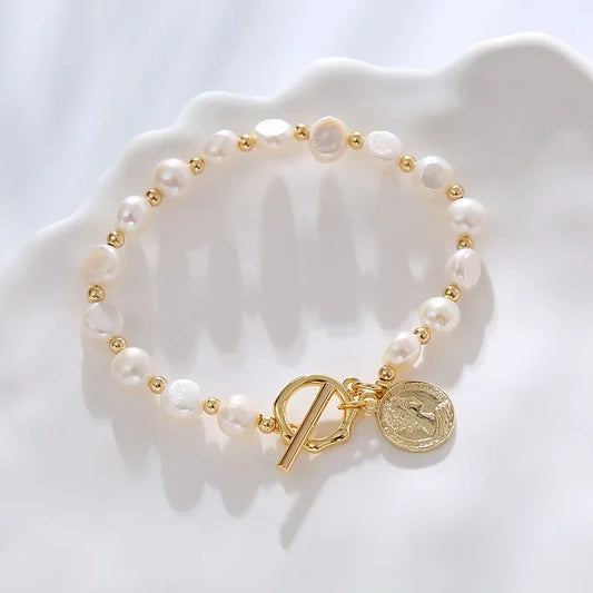 Luckacco DAINASHI 7-8mm Baroque Natural Freshwater Pearl Charm Bracelet for Women OT Clasp Women's Hand Bracelet Jewelry Gifts