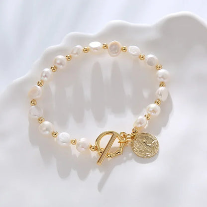 Luckacco DAINASHI 7-8mm Baroque Natural Freshwater Pearl Charm Bracelet for Women OT Clasp Women's Hand Bracelet Jewelry Gifts