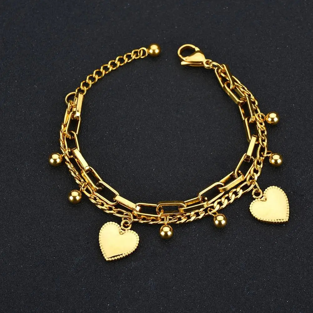 luckacco punk double layer love heart charm bracelet female 19cm gold silver color stainless steel chain link bracelets for women jewelry