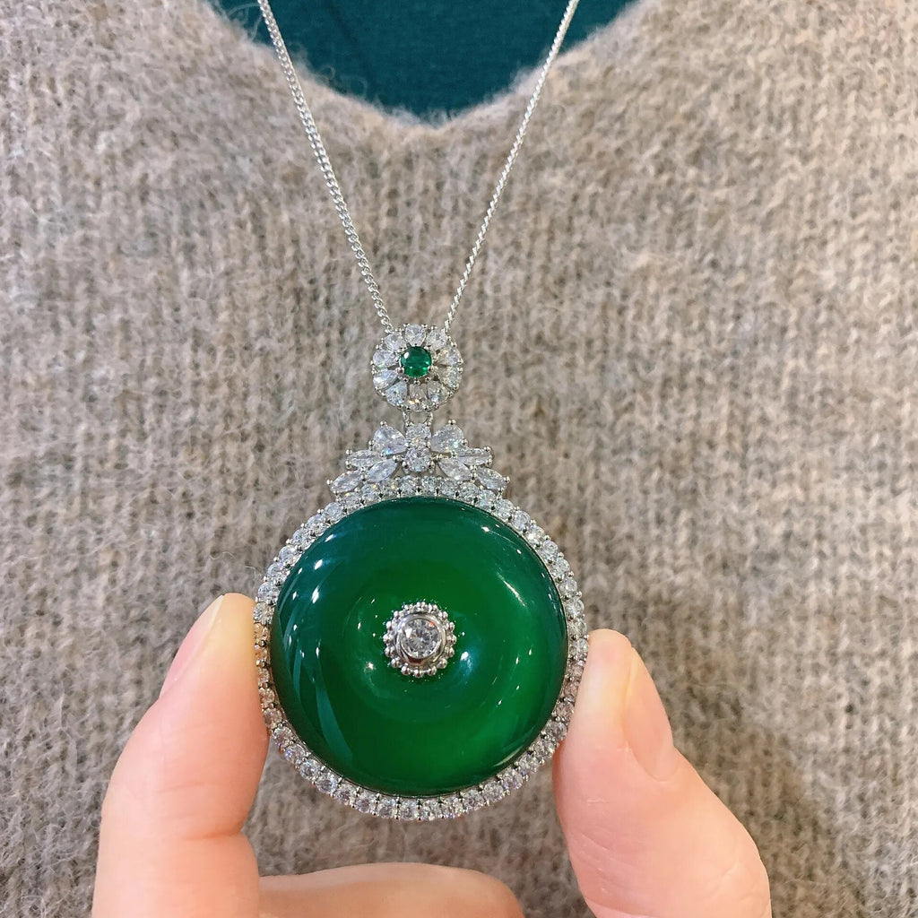 Round Emerald Pendant Necklace Birthday Gift Choker Silver Color Chain for Women Vintage Jewelry Wedding Anniversary Coquette