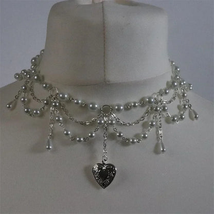 Luckacco Pearl Heart Locket Style Layered Necklace Handmade Y2K Necklace Perfect For Weddings Prom or Victorian/Regency Cosplay Jewelry