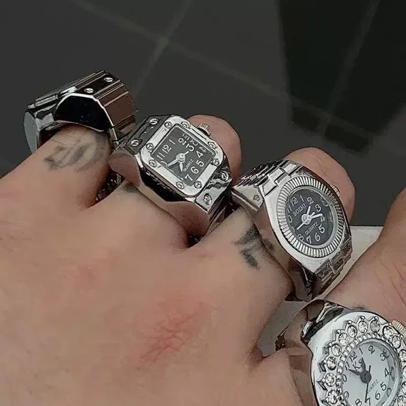 luckacco couple finger watch ring vintage punk elastic alloy band men women jewelry clock roman numerals dial 28style mini quartz watches