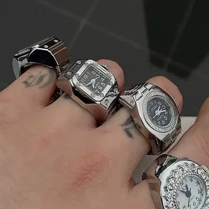 Luckacco Couple Finger Watch Ring Vintage Punk Elastic Alloy Band Men Women Jewelry Clock Roman Numerals Dial 28Style Mini Quartz Watches