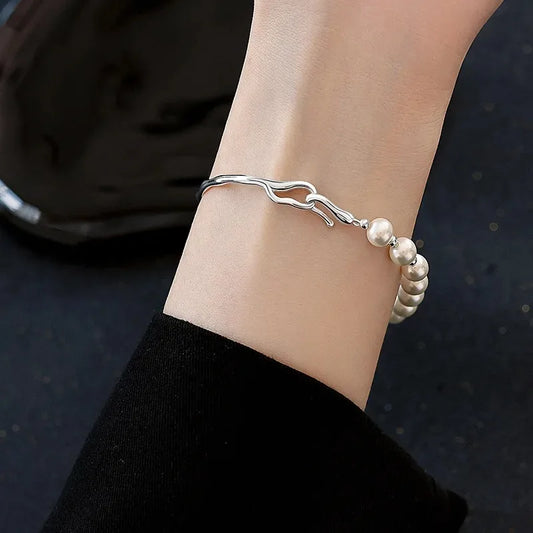 Luckacco 925 Sterling Silver Pearl Beads Bracelet for Women Girls Vintage Irregular Metal Charm Bangles Luxury Fashion Party Jewelry Gift