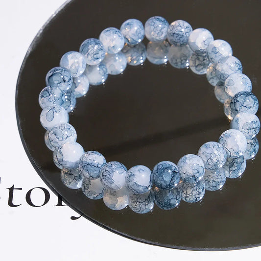 Luckacco Fashion Exquisite Ice Crack Gradient Forest Flower Pattern Beaded Glass Bracelet for Women High Beauty Elastic Bracelet Jewelry