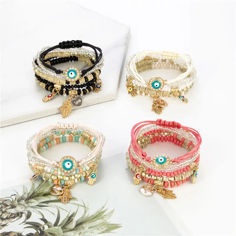 luckacco 6pcs/set bohemian evil eye bracelet set for women fatima hand heart charm beaded rope chain bangle female jewelry gift