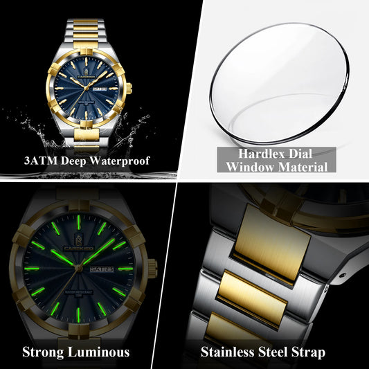 Luckacco CAREKISO Military Business Men Clock Date Week Waterproof Luminous Quartz Man Wristwatch Stainless Steel Men's Watches Reloj+Box