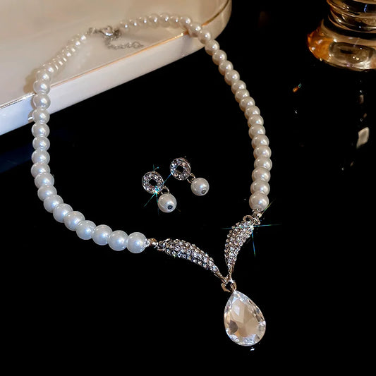 Luckacco 3 Pcs Rhinestone Pearl Rectangular Earrings Necklace Set Two-piece Vintage Choker Accessory Light Luxury Jewelry Sets Wedding