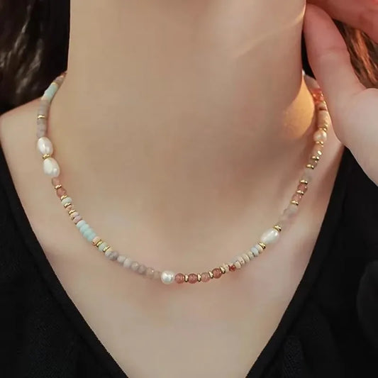 Luckacco Minar Retro Colorful Natural Stone Crystal Freshwater Pearl Strand Beaded Necklace for Women 14K Real Gold Plated Copper Chokers