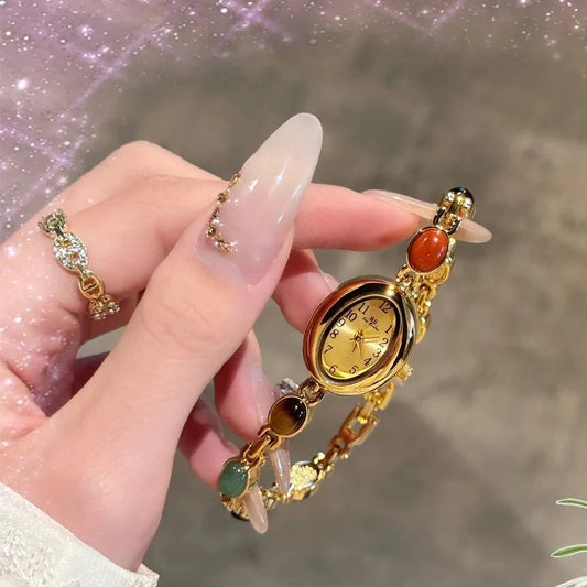 Luckacco Luxury Vintage Quartz Women's Watches Fashion Natural Green Jade Bracelet Clock Numerals Small Oval Dial Watch Woman Accesories