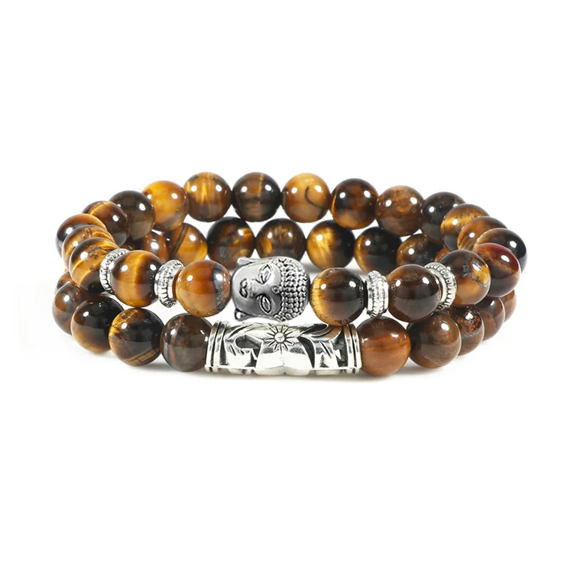 luckacco 2pcs/set buddha head bracelet for women men natural tiger eye lava stone yoga beads distance bracelets charm couple jewelry gift