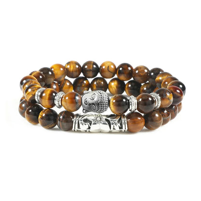 Luckacco 2pcs/set Buddha Head Bracelet for Women Men Natural Tiger Eye Lava Stone Yoga Beads Distance Bracelets Charm Couple Jewelry Gift