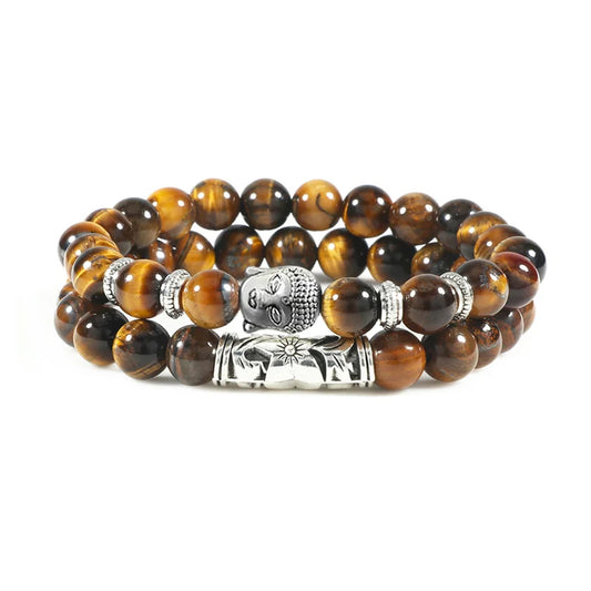 Luckacco 2pcs/set Buddha Head Bracelet for Women Men Natural Tiger Eye Lava Stone Yoga Beads Distance Bracelets Charm Couple Jewelry Gift