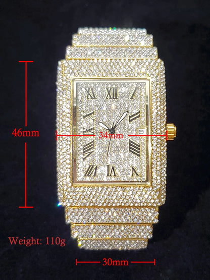 Luckacco Gold Men's Watches Rectangle Dial Luxury Diamond Fashion Big Wristwatches Luminous Point Iced Quartz Watch For Men