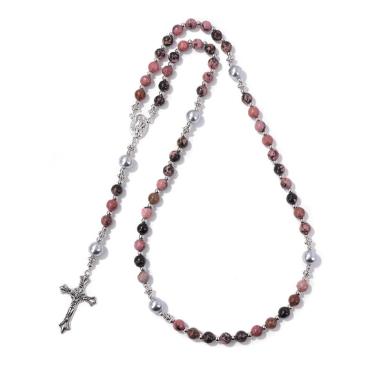 Luckacco Catholic Jesus Cross Bracelet Men Religious Prayer Rosary Bangle 50CM Natural African Turquoises Lava Gem Stone Bead Bracelet