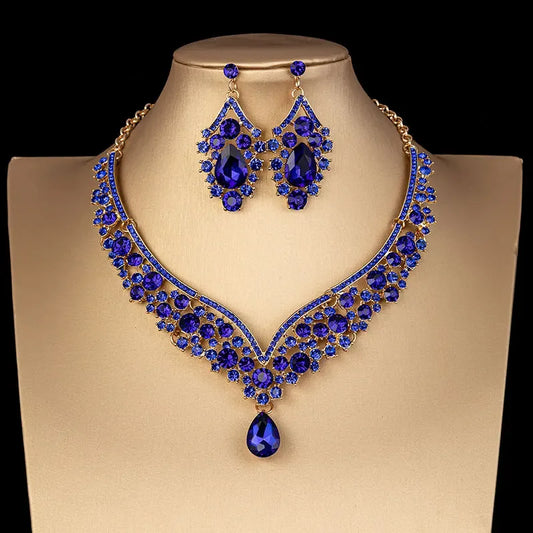 Luckacco Luxury Crystal AB Color Choker Necklace Earrings Set Rhinestone Bridal Jewelry Sets for Bride Wedding Party Costume Bijoux Femme