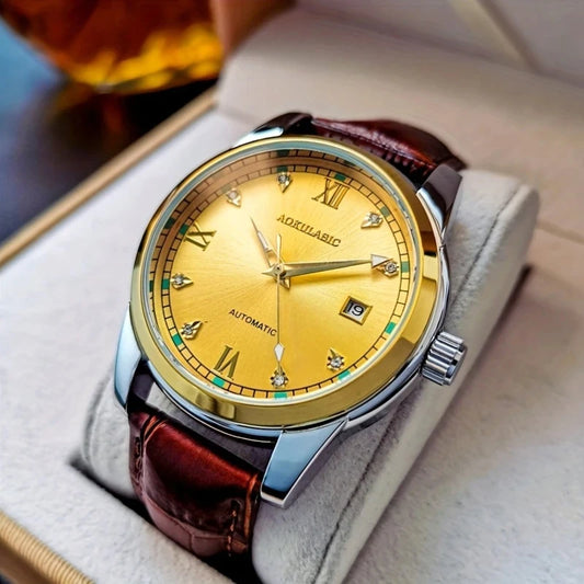 Luckacco New Stylish High-End Business Men's Watch, Fully Automatic Mechanical Watch, Skeleton Design, Round Dial, with Calendar Display, Leather Strap, Fashionable Accessory, Suitable for Business and Casual Wear, European, American, Japanese, and K