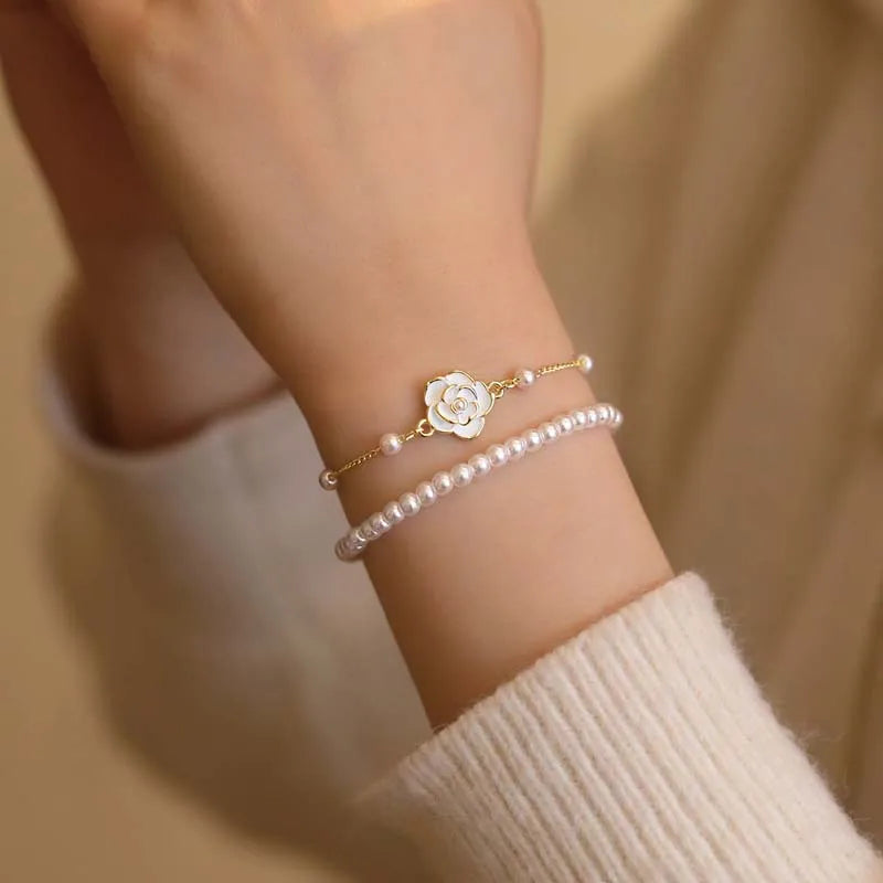 luckacco vintage white camellia flower bracelets for women elegant double layer simulated pearl beads chain bracelet jewelry 2025 trend