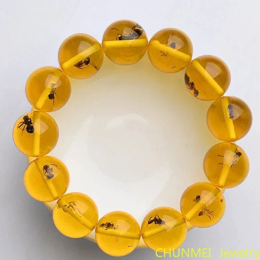 Luckacco Natural Baltic Amber Elastic Bracelet Men Women Honey Wax Insect Amber-beads Beaded Bangles Amulet Bracelets Girlfriend Mom Gift