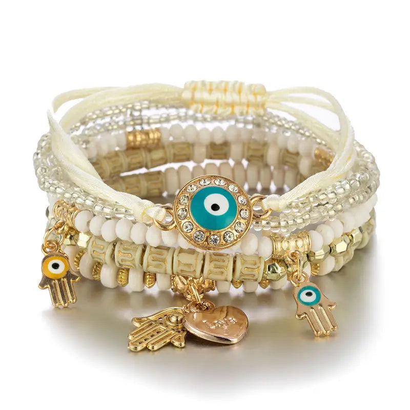 luckacco 6pcs/set bohemian evil eye bracelet set for women fatima hand heart charm beaded rope chain bangle female jewelry gift