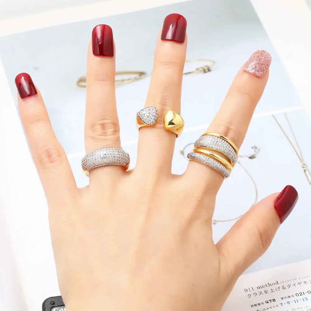 luckacco ocesrio fashion white crystal heart statement rings for women copper gold plated adjustable open ring women jewelry gift righ48