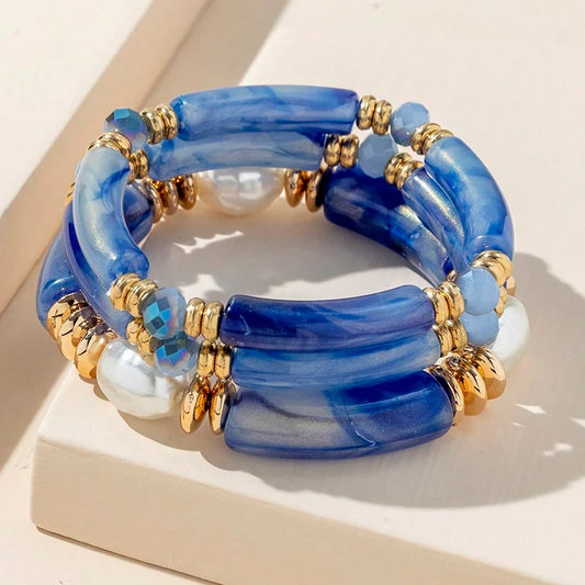 Luckacco 3PCS Set Vintage Design Resin Elastic Bracelet Blue Bamboo Gold Color Spacer Pearl Bracelet Pink Green Coffee Color Option