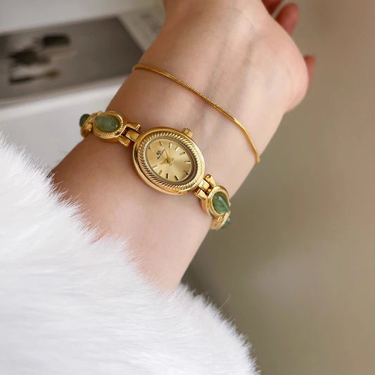 Luckacco Natural Jade Bracelet Watch Gift Women,Ladies Watches Luxury High Quality Gold Quartz Watches, Elegant Women's Wristwatches