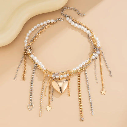 Luckacco Multi-layered Pearl Necklace for Women Party Y2K Trendy Clavicle Chain Fashion Heart Pendant Jewelry Accessories Gifts